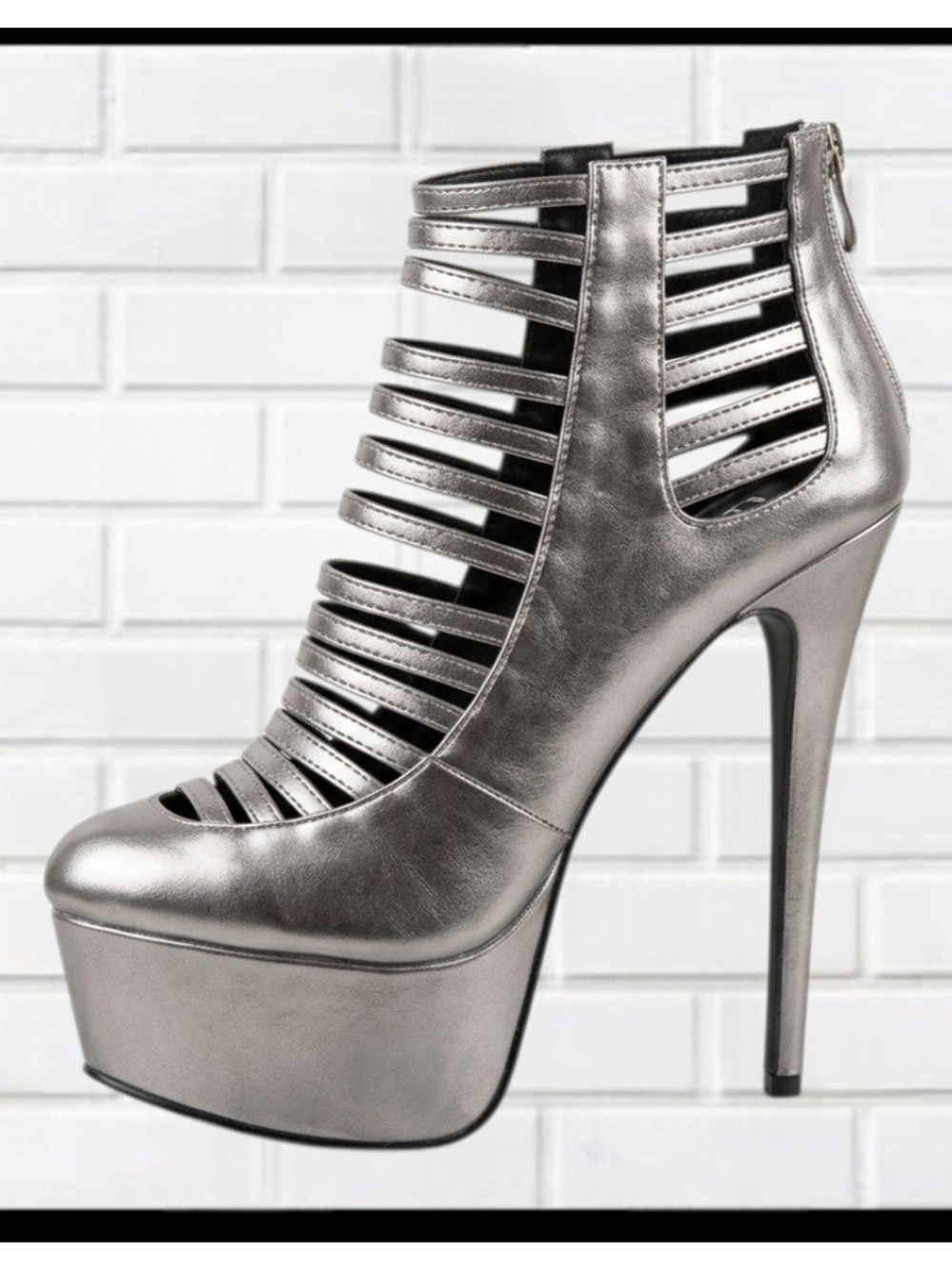 *LILIANA Pewter Metallic Caged Platform Stiletto Ankle Heels Size 9
